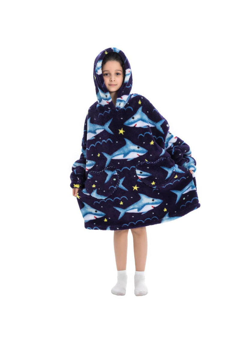 Kinder fleece deken met capuchon - haaien