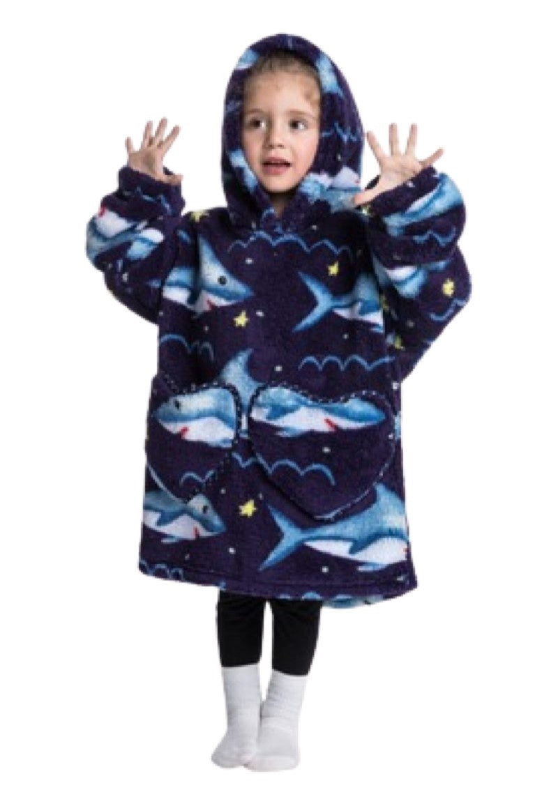Kinder fleece deken met capuchon - haaien