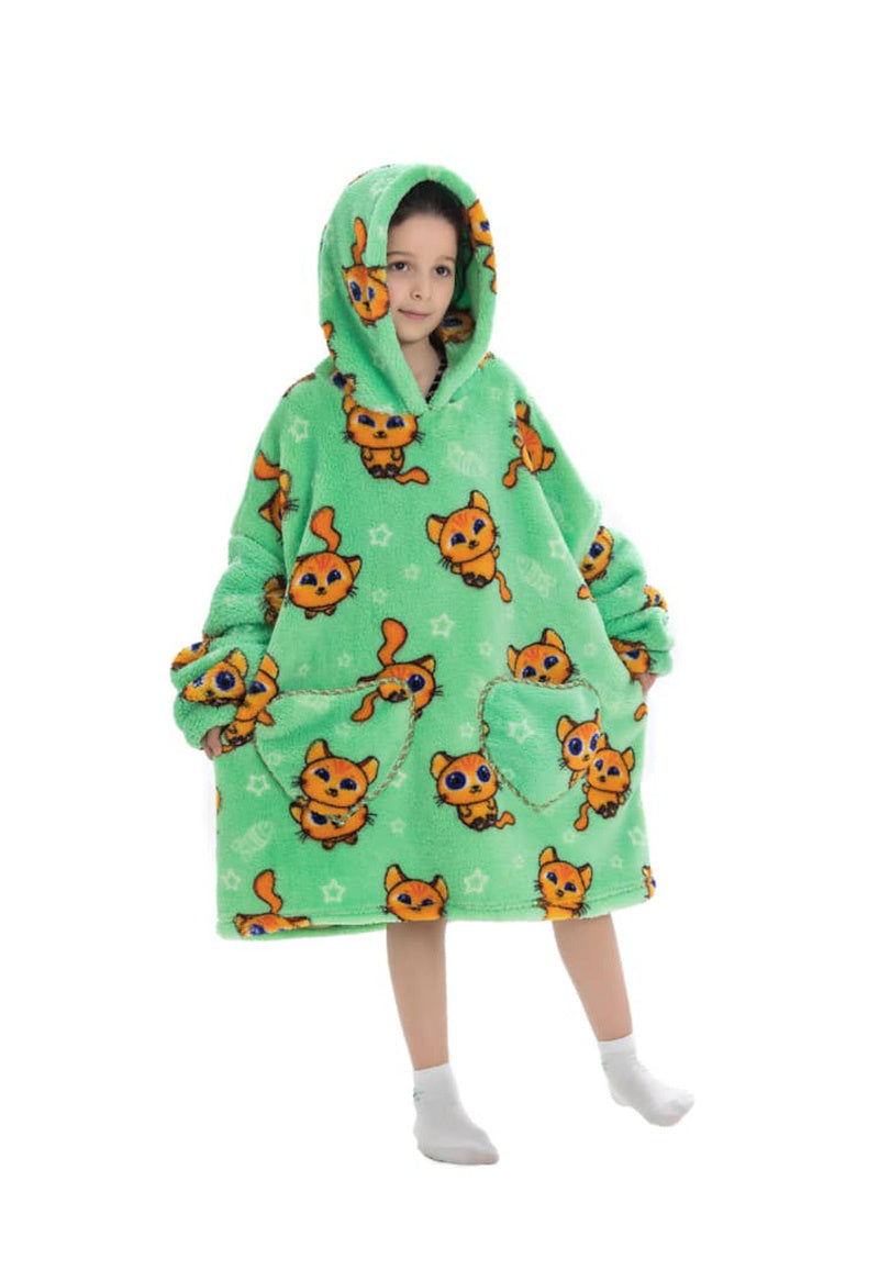 Kinder fleece deken met capuchon - katten