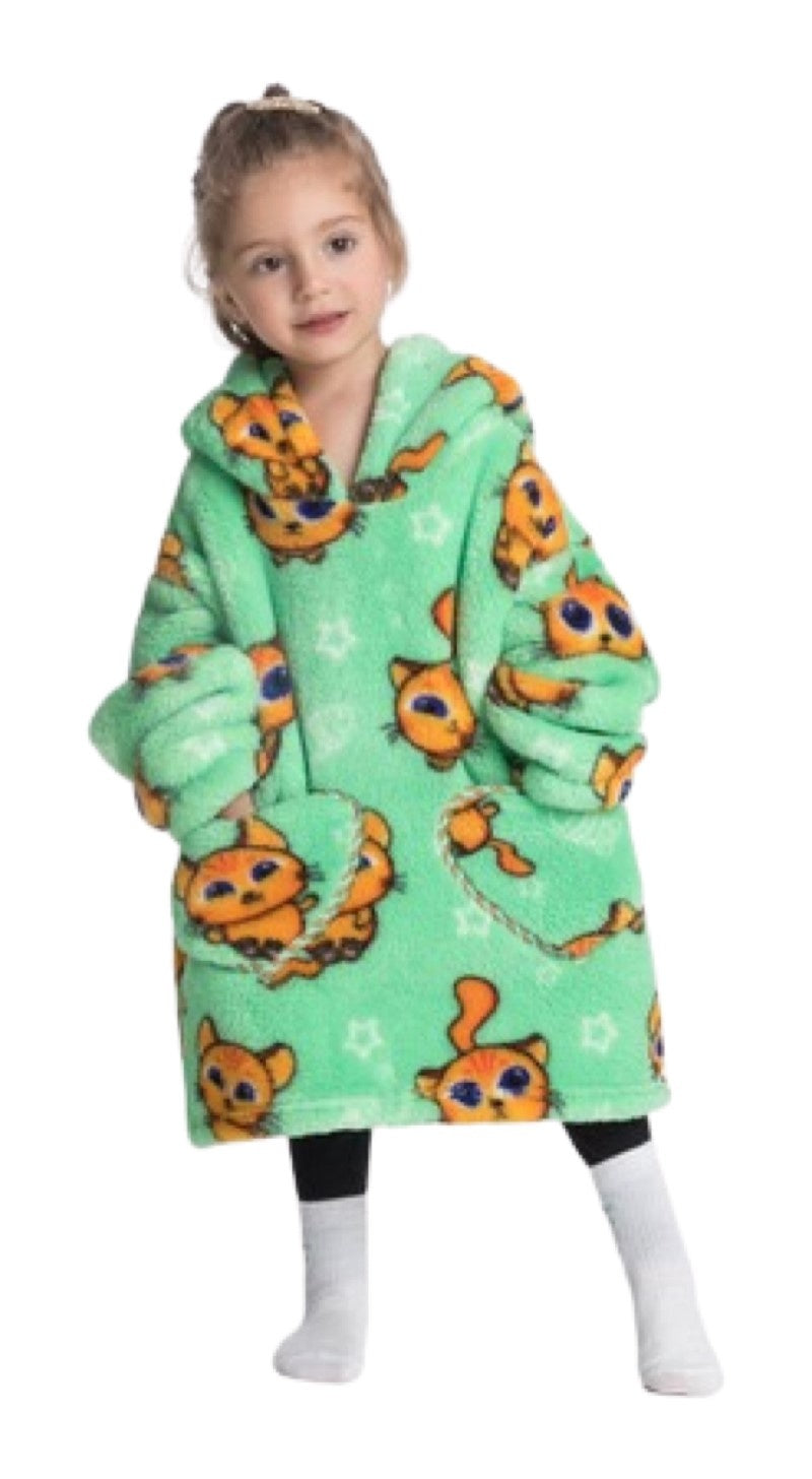 Kinder fleece deken met capuchon - katten