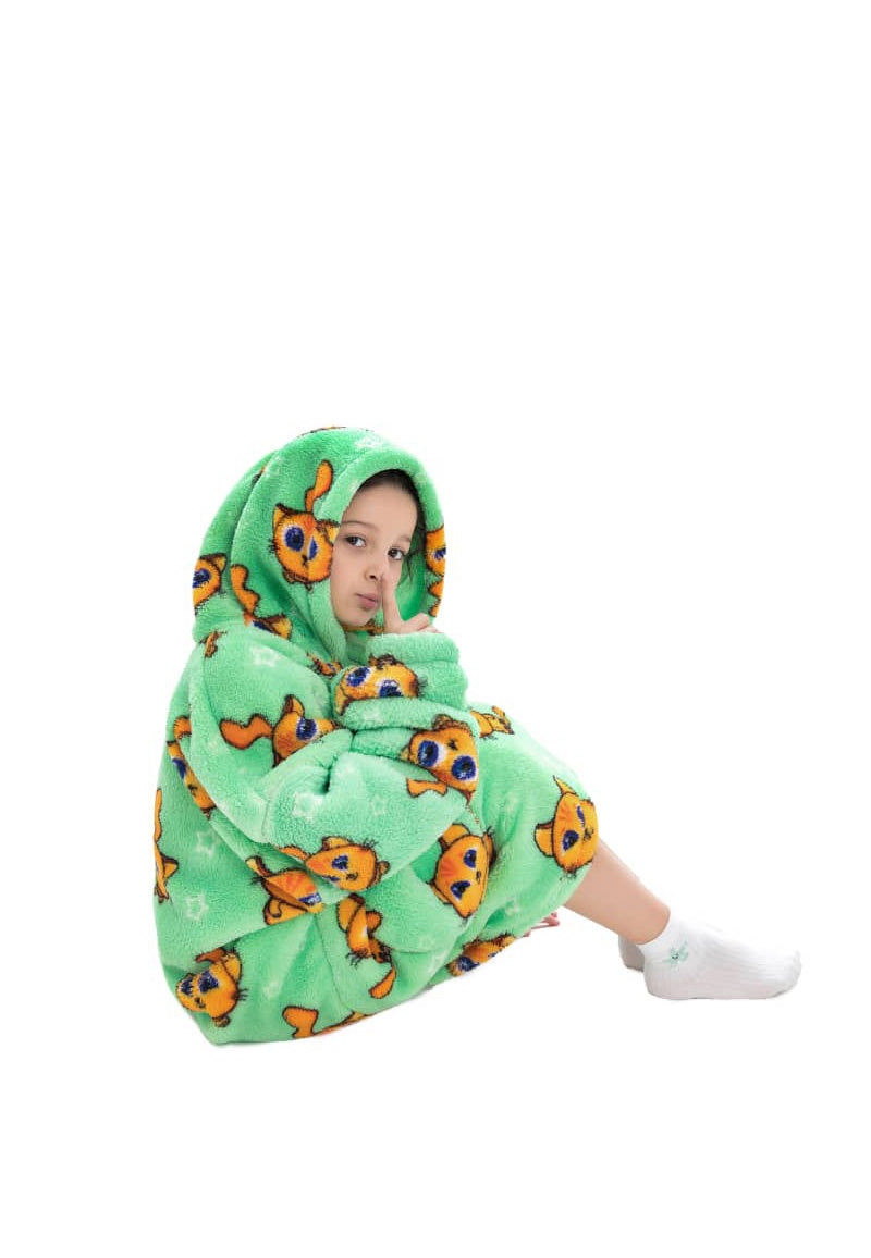 Kinder fleece deken met capuchon - katten