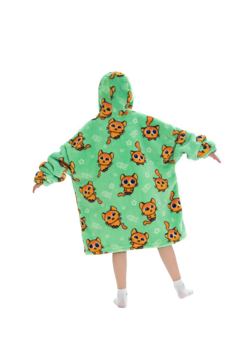 Kinder fleece deken met capuchon - katten