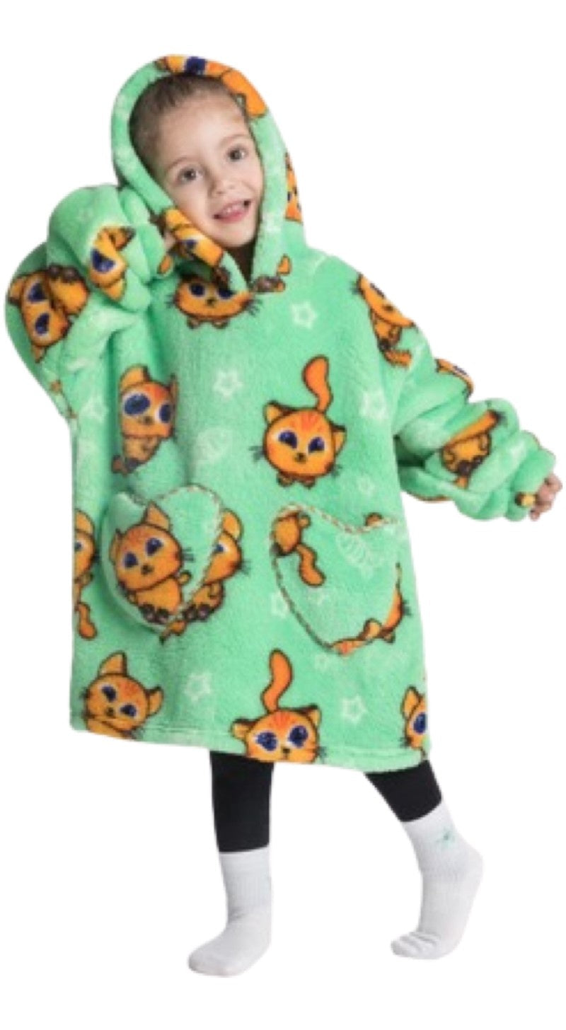 Kinder fleece deken met capuchon - katten