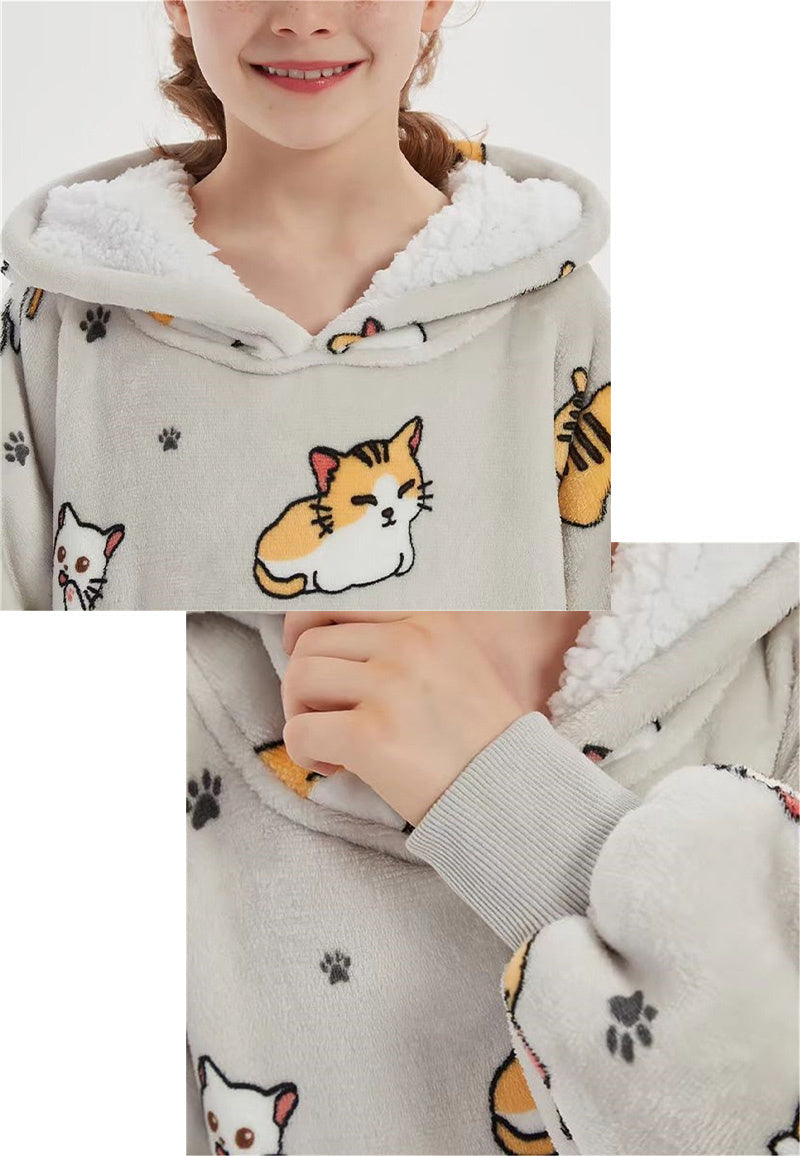 Fleece deken met mouwen & capuchon - kind - katjes