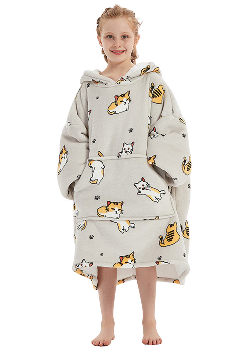 Fleece deken met mouwen & capuchon - kind - katjes