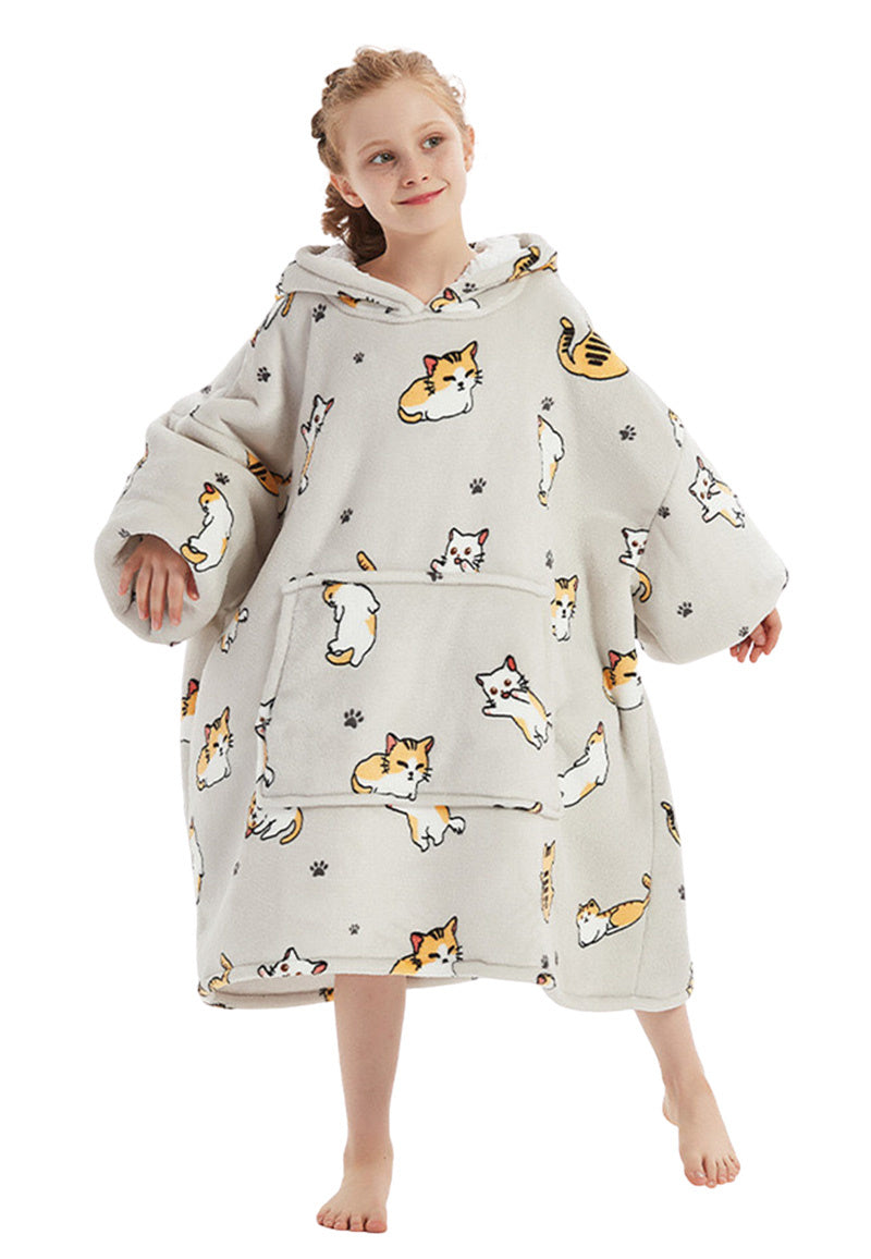 Fleece deken met mouwen & capuchon - kind - katjes