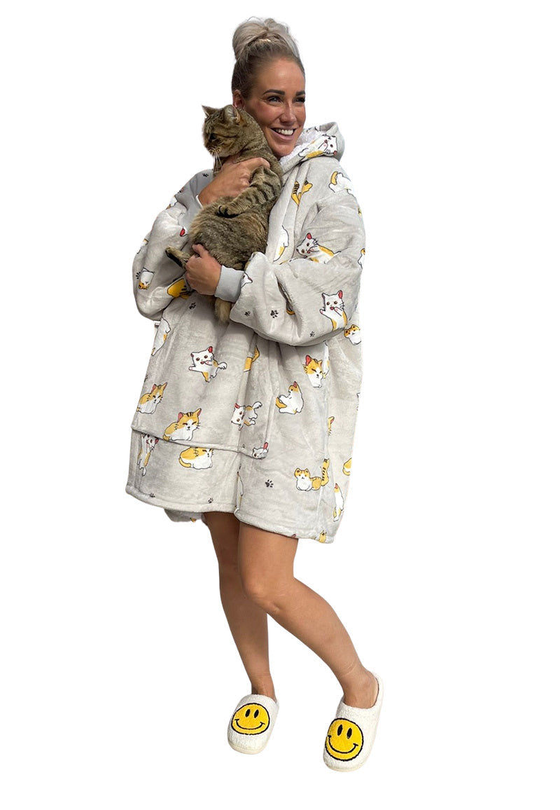 Fleece deken met mouwen & capuchon - katjes