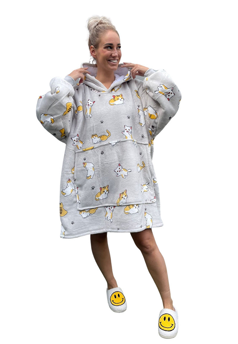 Fleece deken met mouwen & capuchon - katjes