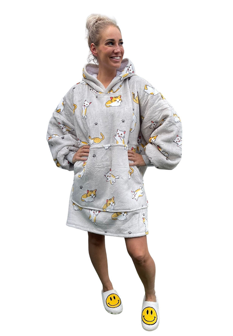 Fleece deken met mouwen & capuchon - katjes
