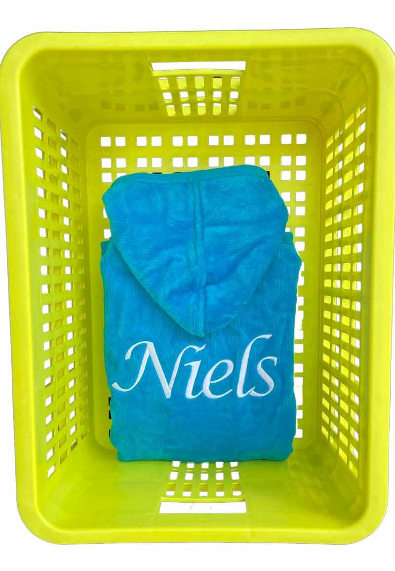 Kinderbadjas aqua blauw met naam borduren