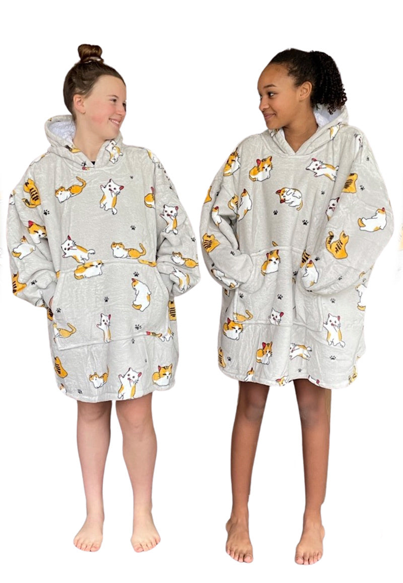 Fleece deken met mouwen & capuchon - kind - katjes