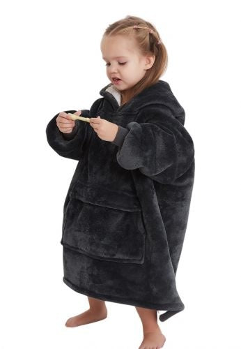 Fleece deken met mouwen & capuchon - kind - zwart