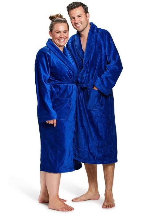 Kobalt blauwe velours badjas unisex met naam borduren