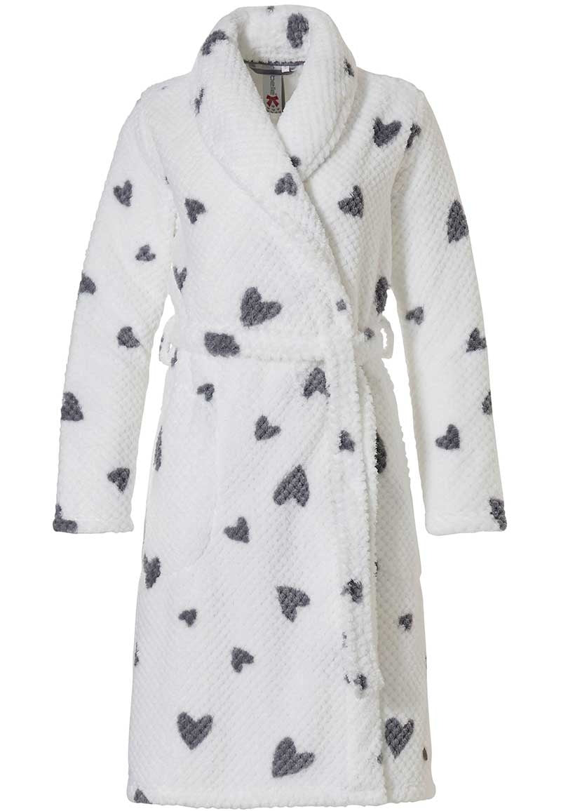 korte dames badjas wit met hartjes - fleece