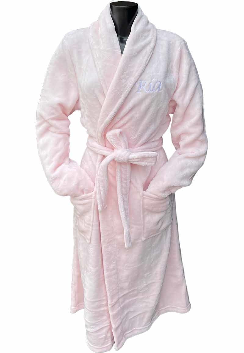 Lichtroze unisex fleecebadjas met naam borduren - lang model