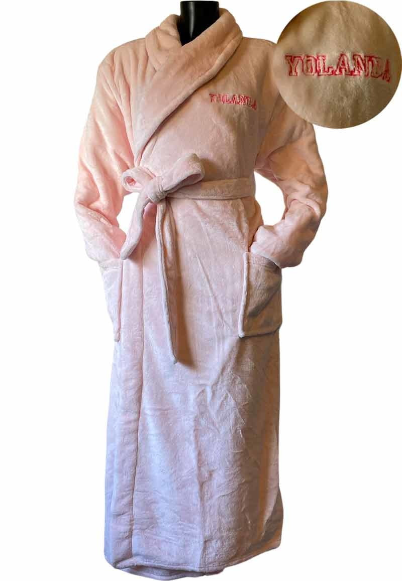 Lichtroze unisex fleecebadjas met naam borduren - lang model