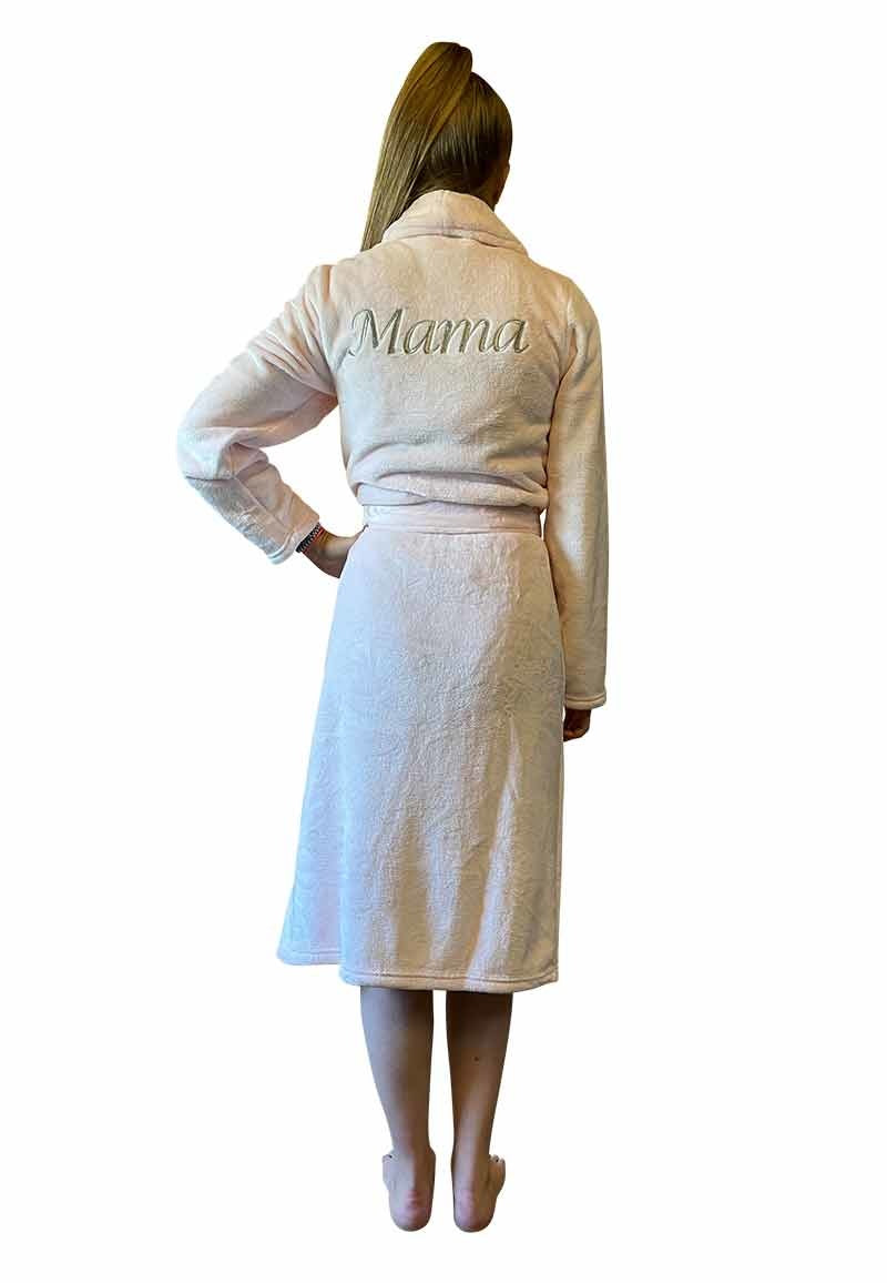 Lichtroze unisex fleecebadjas met naam borduren - lang model
