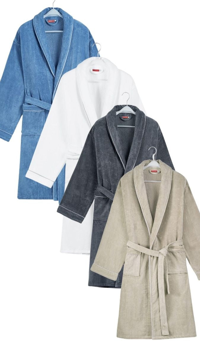 Luxe badjas velours met piping - wit