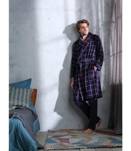 Fleece herenbadjas ruitpatroon - blauw