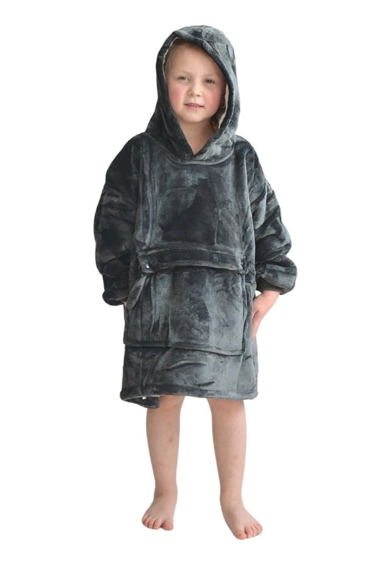 Fleece deken met mouwen & capuchon - kind - donkergrijs