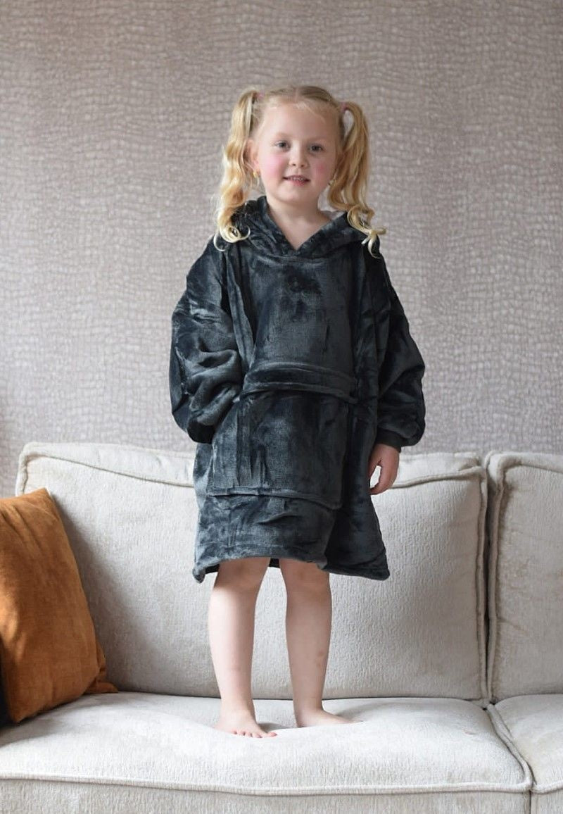 Fleece deken met mouwen & capuchon - kind - donkergrijs