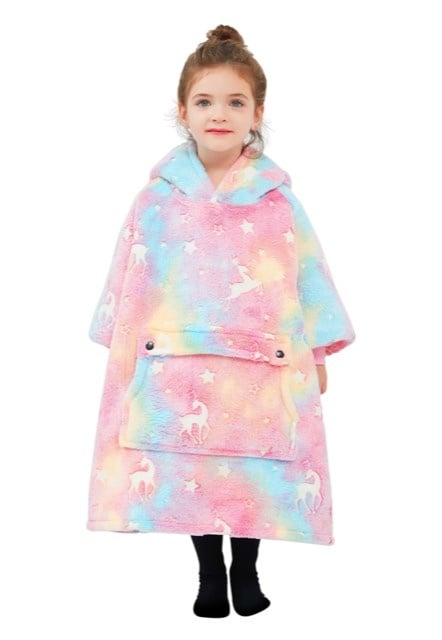 Fleece deken met mouwen & capuchon - kind - unicorn - Glow in the dark
