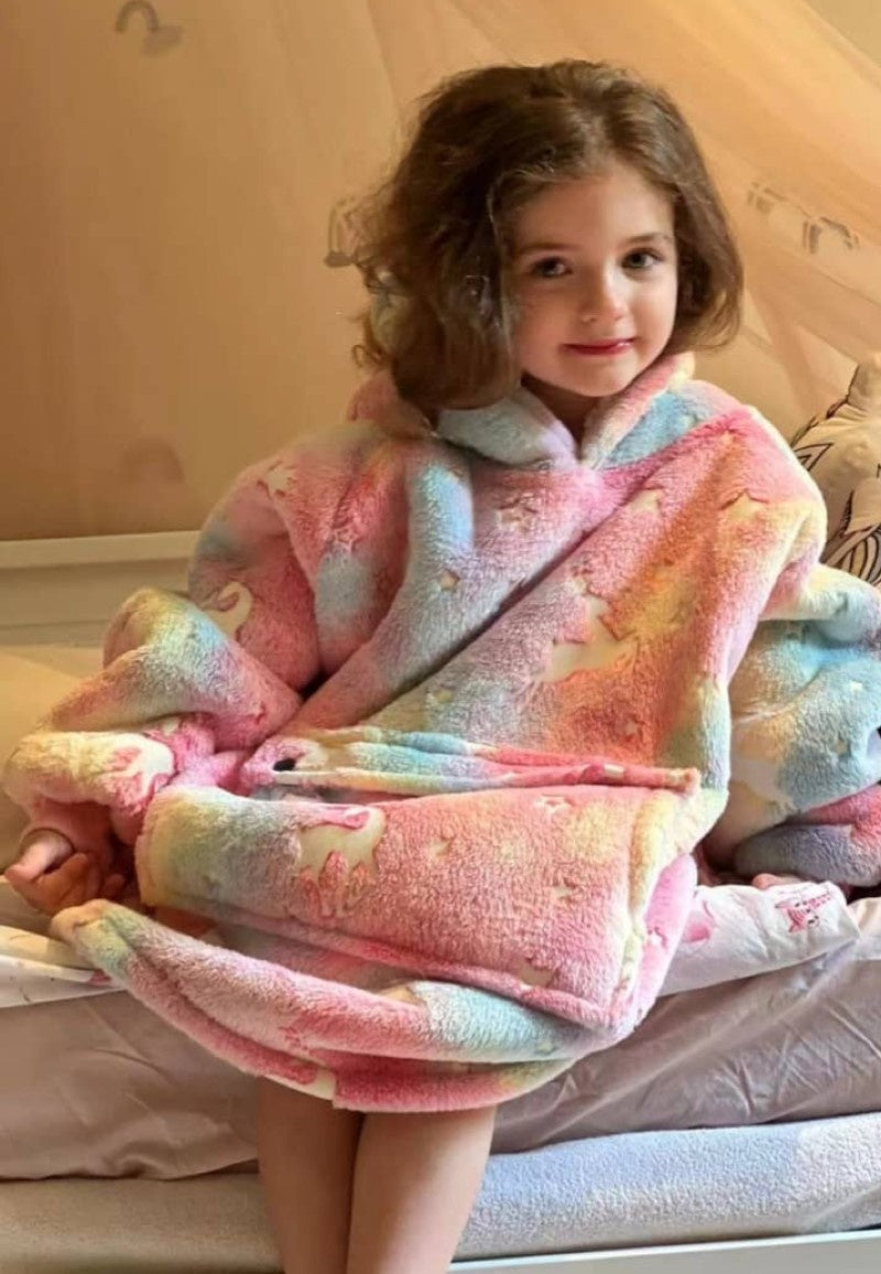 Fleece deken met mouwen & capuchon - kind - unicorn - Glow in the dark
