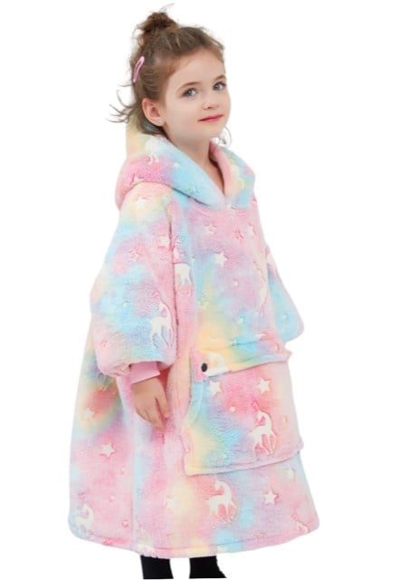 Fleece deken met mouwen & capuchon - kind - unicorn - Glow in the dark