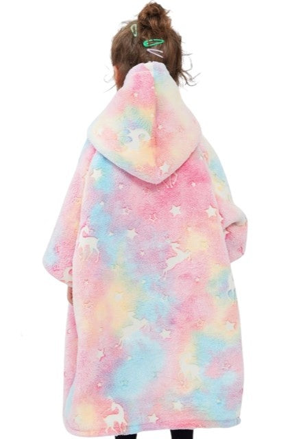 Fleece deken met mouwen & capuchon - kind - unicorn - Glow in the dark