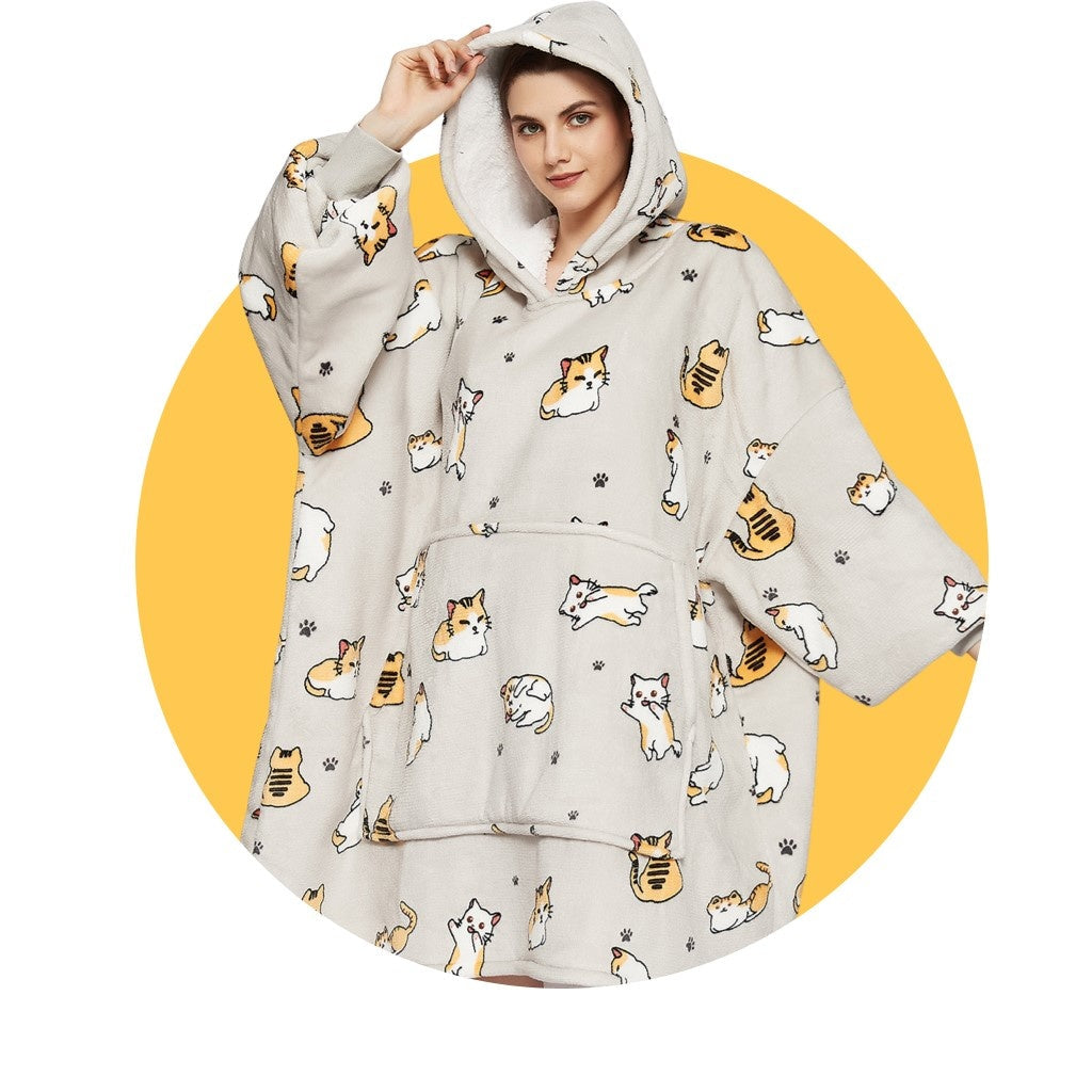 Fleece deken met mouwen & capuchon - katjes