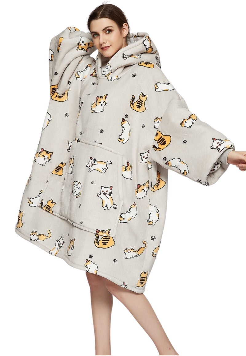 Fleece deken met mouwen & capuchon - katjes