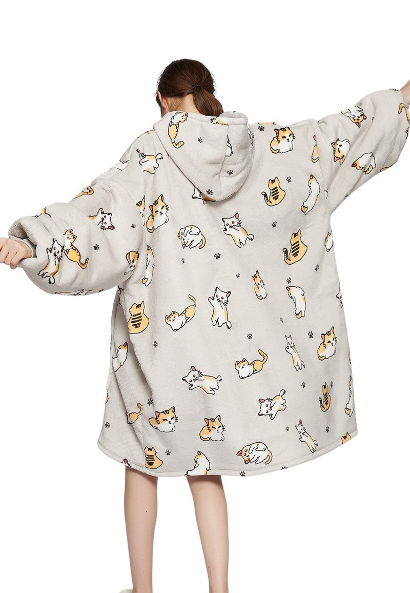 Fleece deken met mouwen & capuchon - katjes