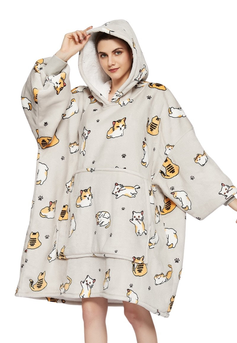 Fleece deken met mouwen & capuchon - katjes