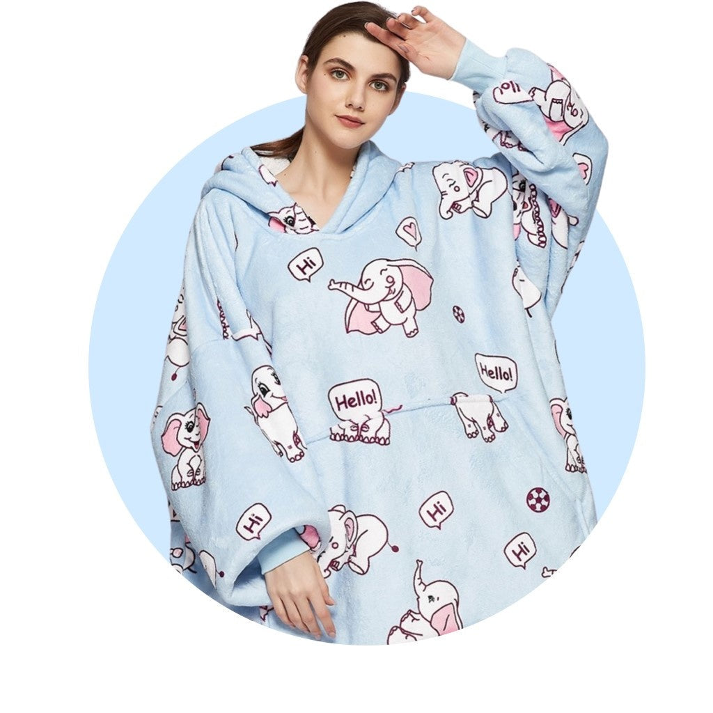 Fleece deken met mouwen & capuchon - olifant