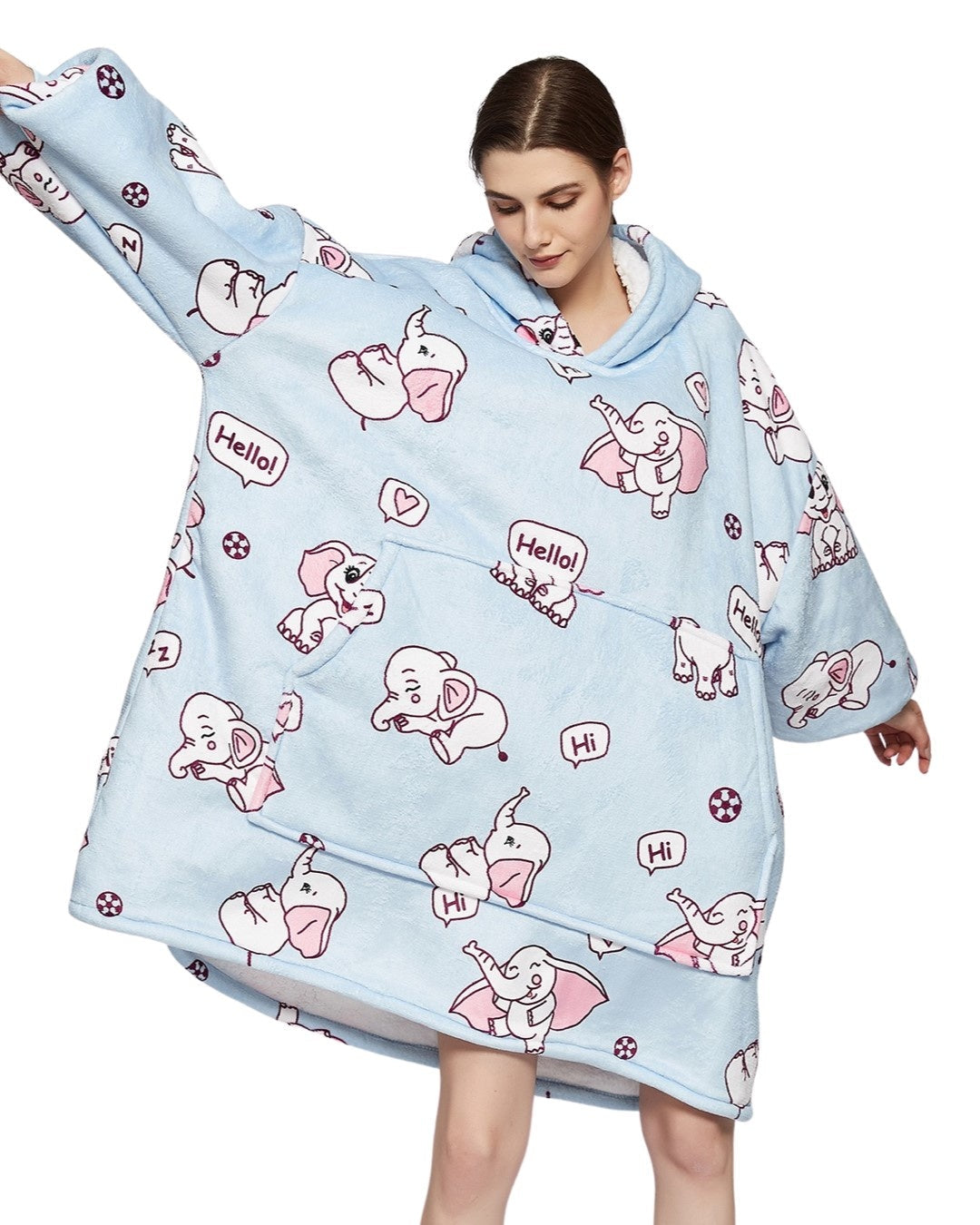 Fleece deken met mouwen & capuchon - olifant