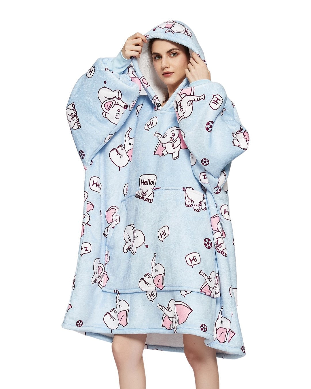 Fleece deken met mouwen & capuchon - olifant
