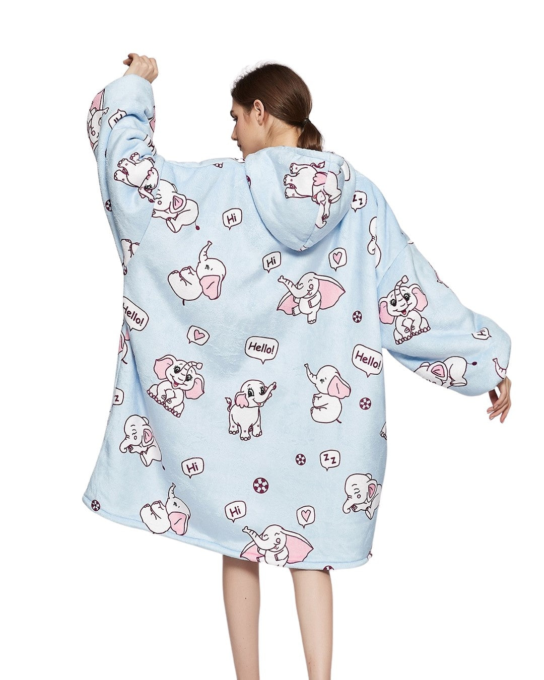 Fleece deken met mouwen & capuchon - olifant