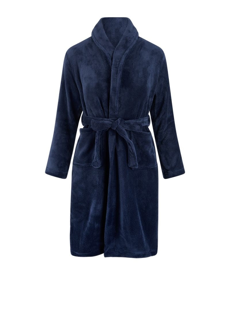 Donkerblauwe fleece kinderbadjas met naam borduren
