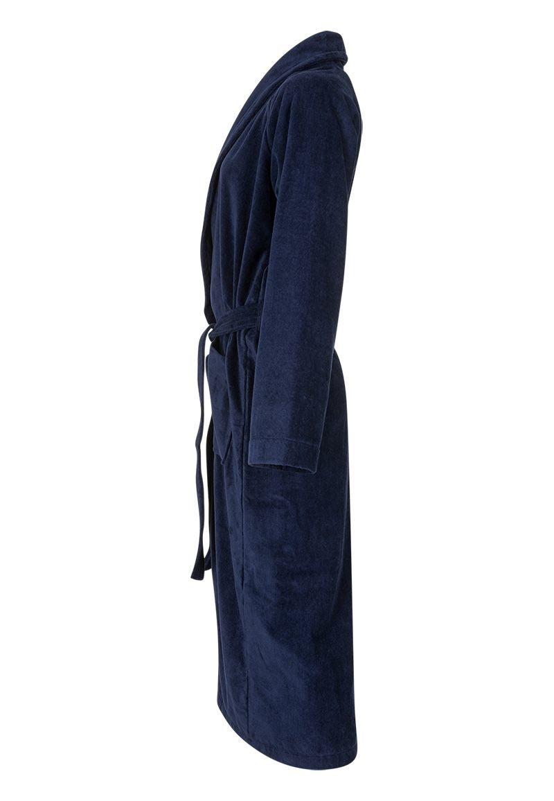 Donkerblauwe velours badjas unisex met naam borduren