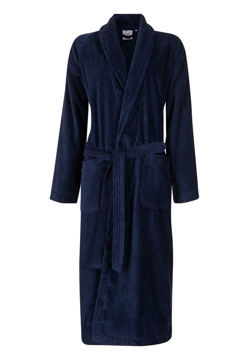 Donkerblauwe velours badjas unisex met naam borduren