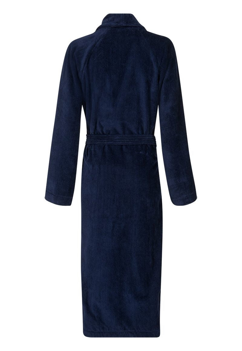 Donkerblauwe velours badjas unisex met naam borduren