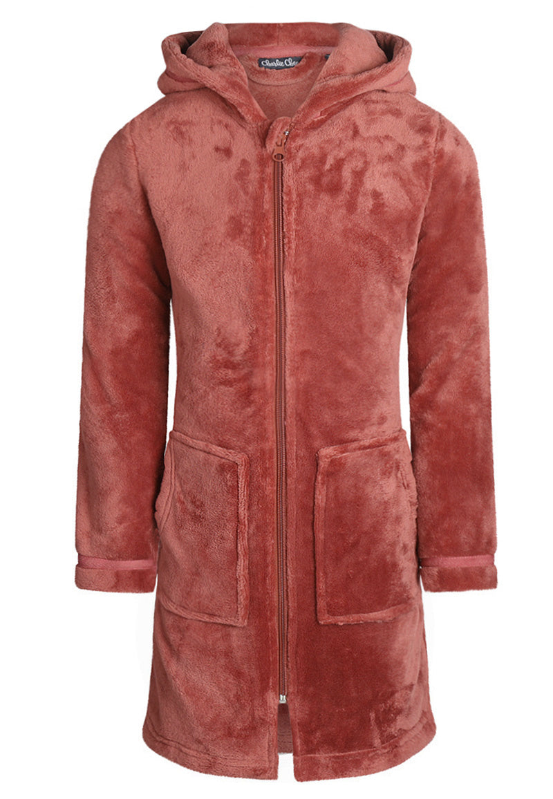 Charlie Choe kinderbadjas koperkleur met rits en capuchon - zacht fleece