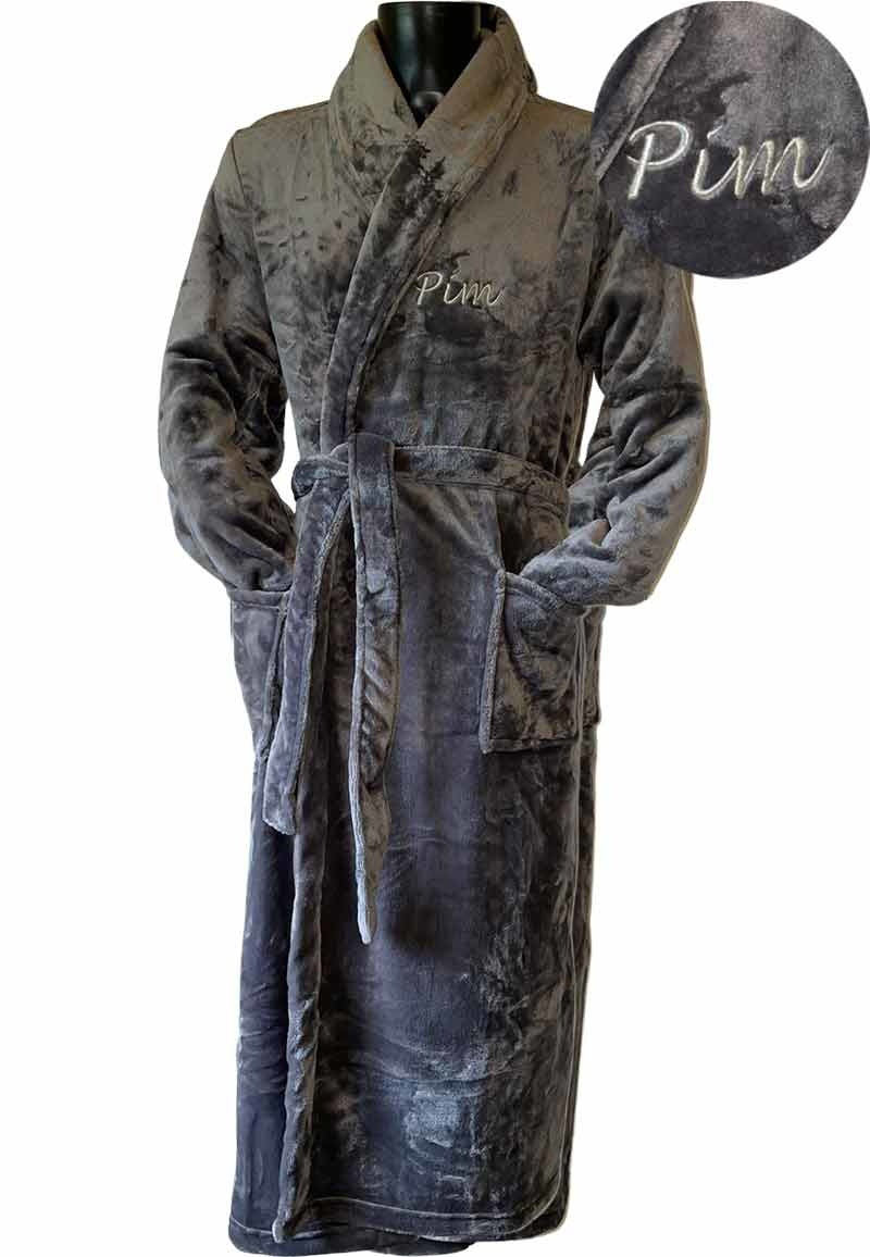 Grijze unisex fleecebadjas met naam borduren - lang model