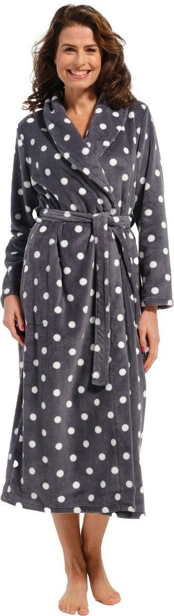 Extra lange grijze damesbadjas witte stippen - fleece