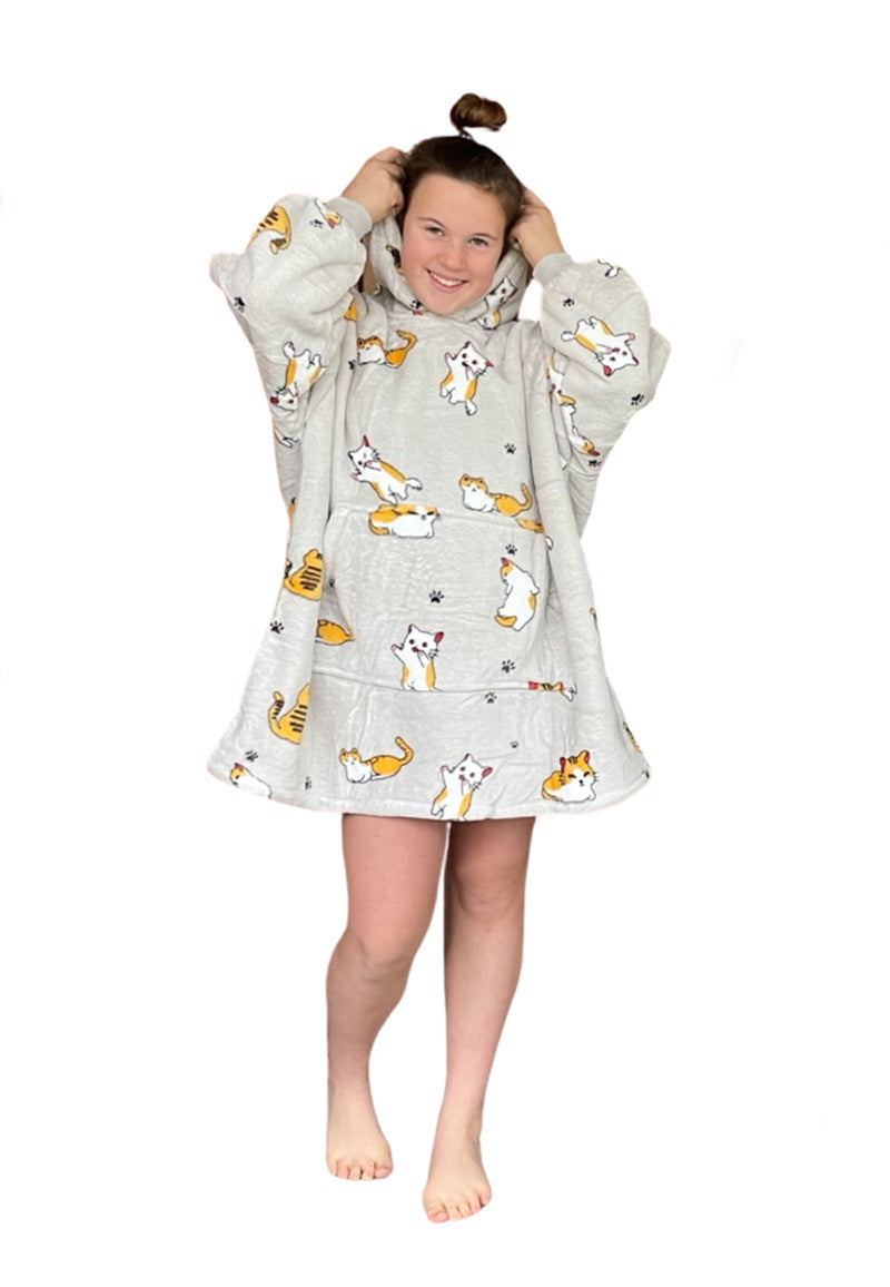 Fleece deken met mouwen & capuchon - kind - katjes