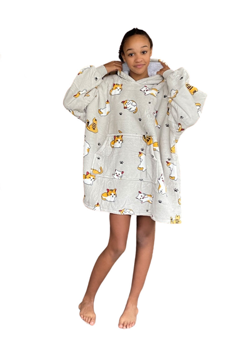 Fleece deken met mouwen & capuchon - kind - katjes