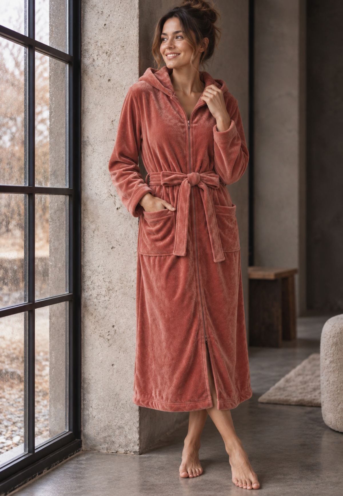 Koperen fleece damesbadjas van Charlie Choe met capuchon en ritsr