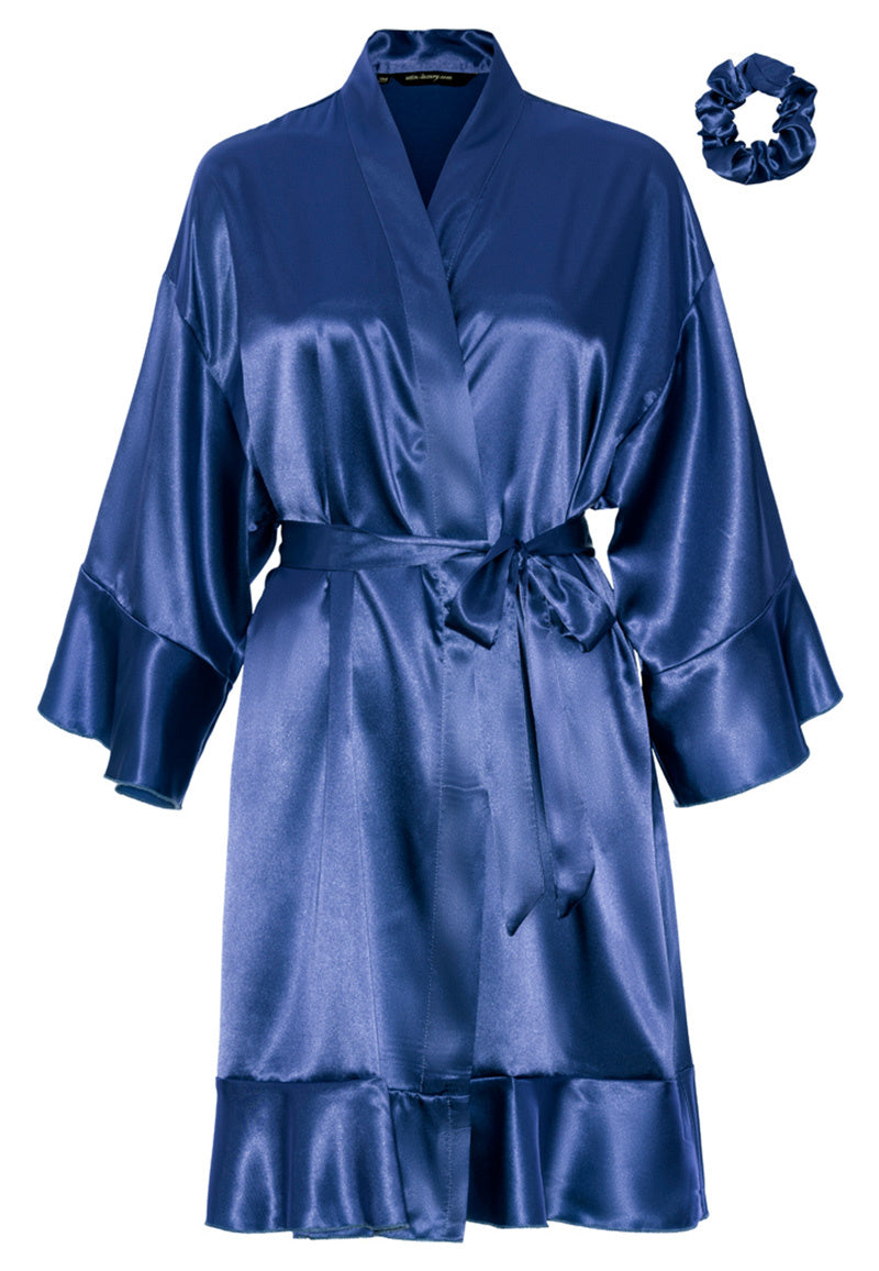 badjas satijn kort met ruffles - blauw
