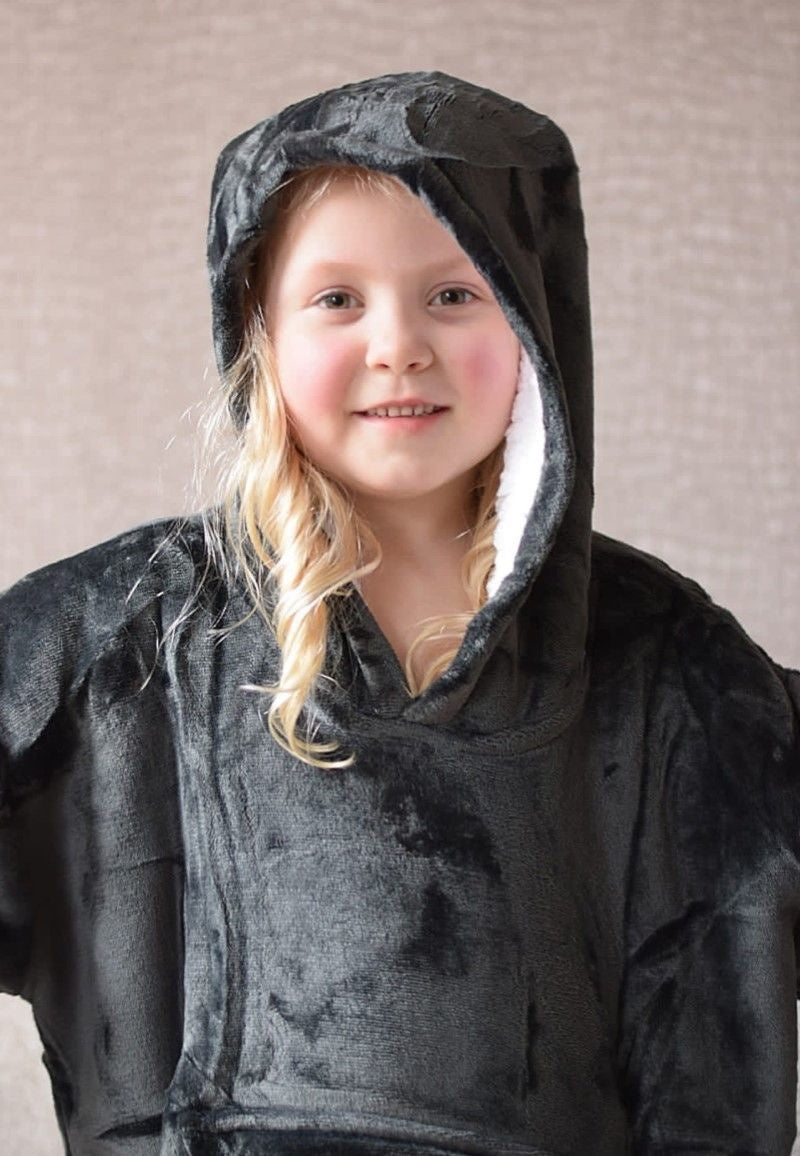 Fleece deken met mouwen & capuchon - kind - donkergrijs