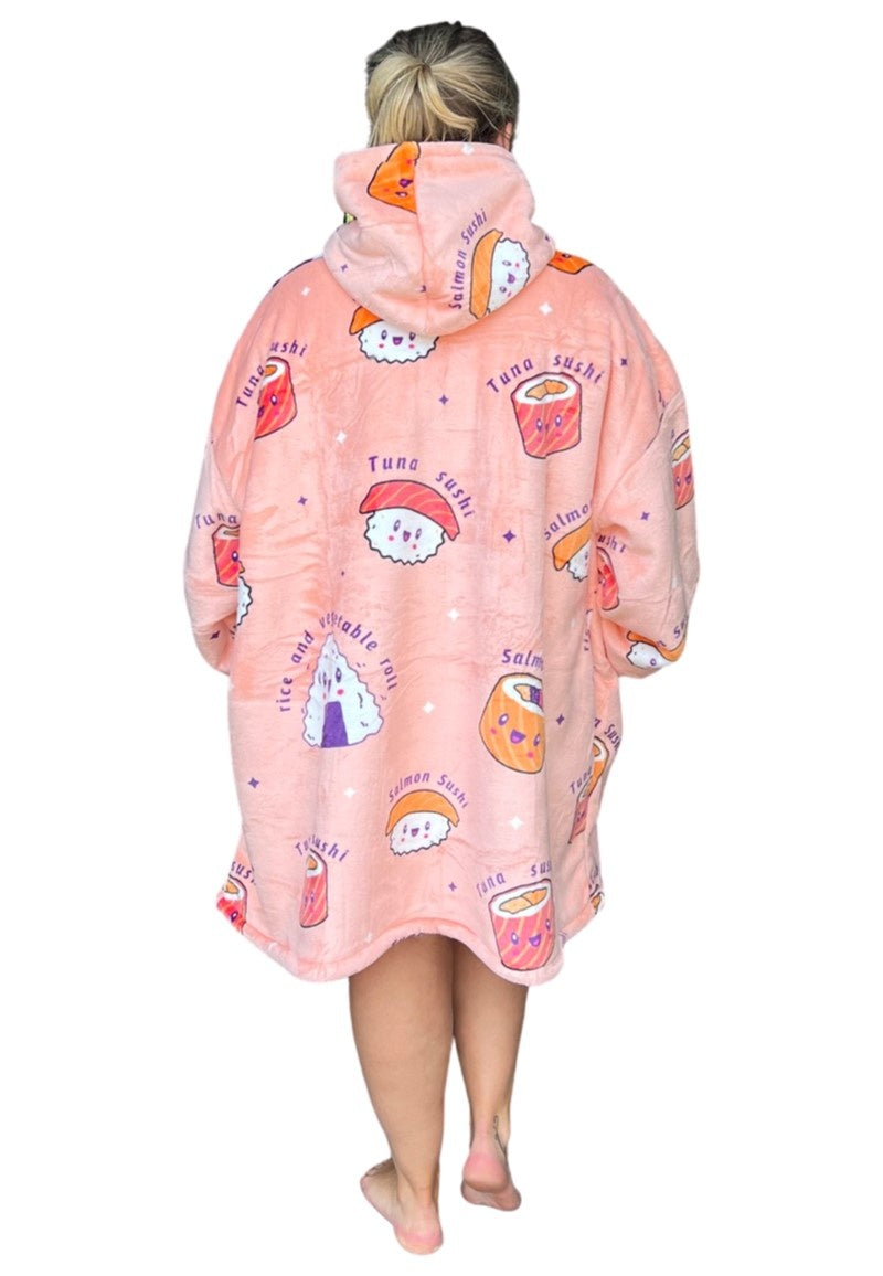 Fleece deken met mouwen & capuchon - sushi